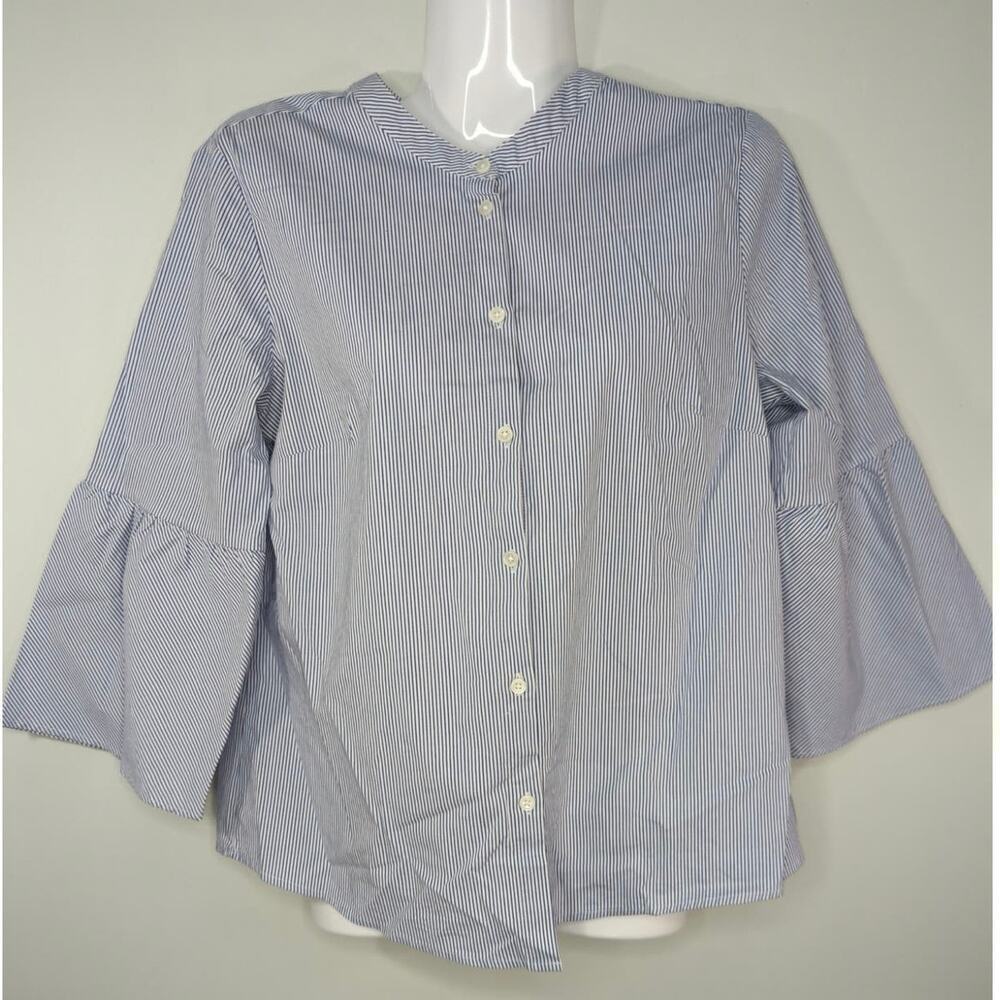 J. Crew Factory Blue & White Stripe Cotton Blend Bell Sleeve Button-Down Top